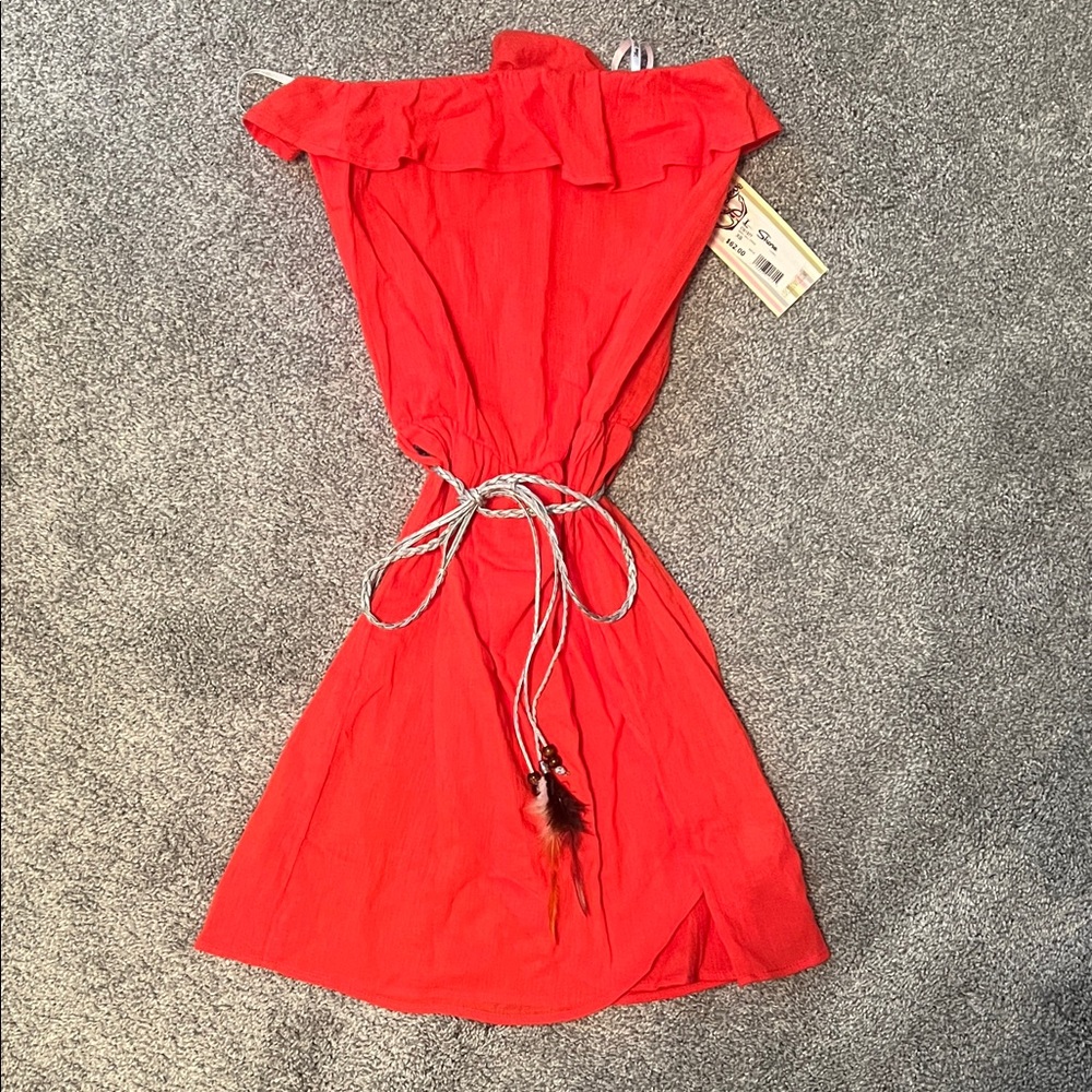 Orange strapless mini dress with ruffle and rope feather  belt